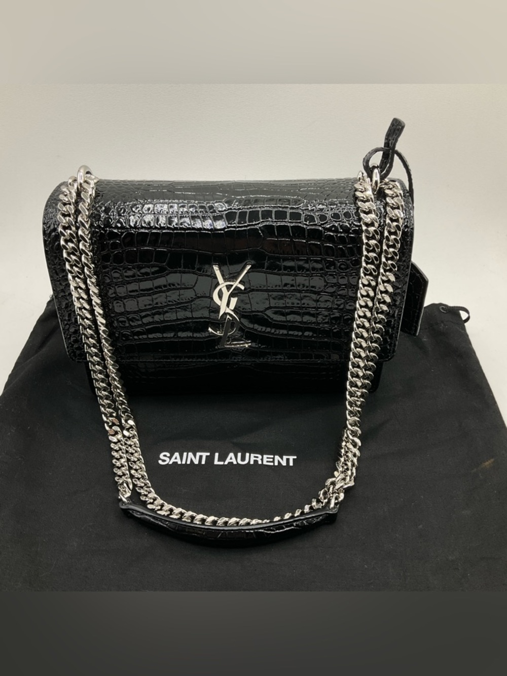 Saint Laurent YSL Sunset Black Crocodile Embossed Shoulder Bag Purse